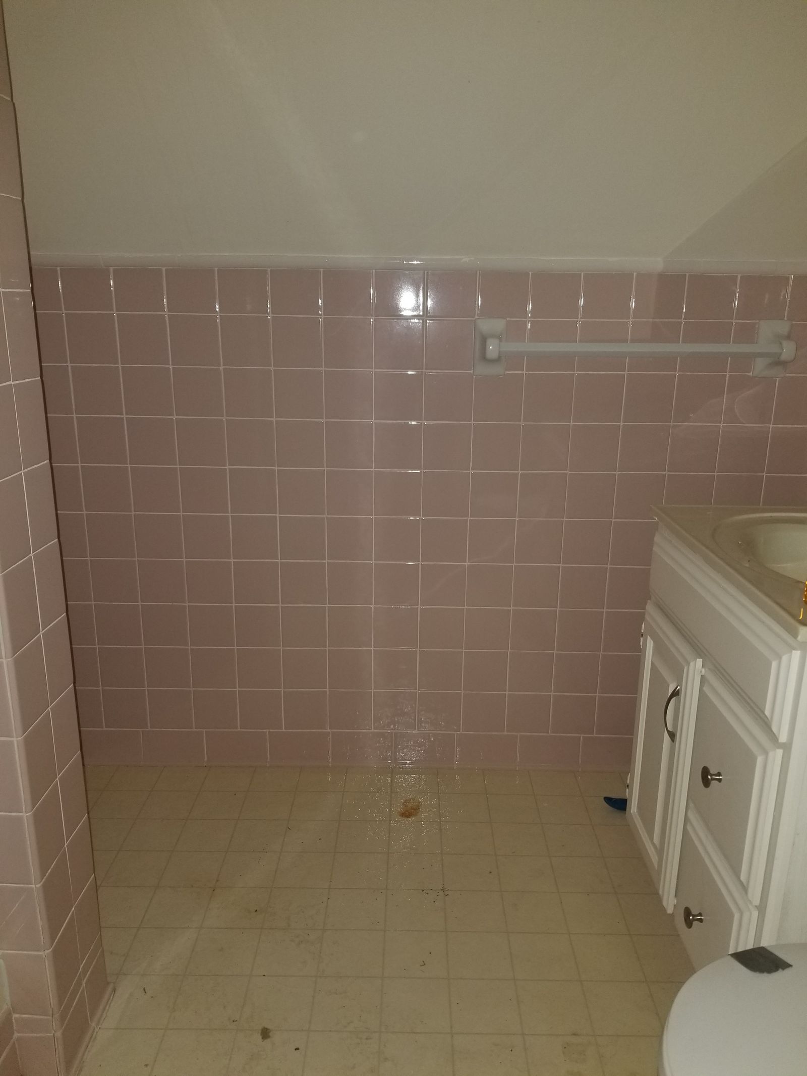 Dated upstairs bath with mauve wall tile, a sloped ceiling, and a worn tile floor