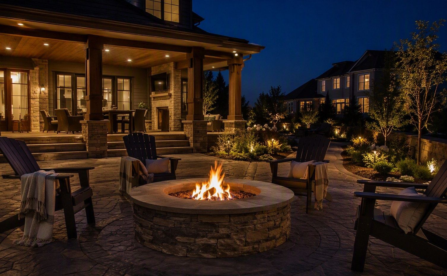Stone fire pit terrace with Adirondack chairs and a covered porch at dusk